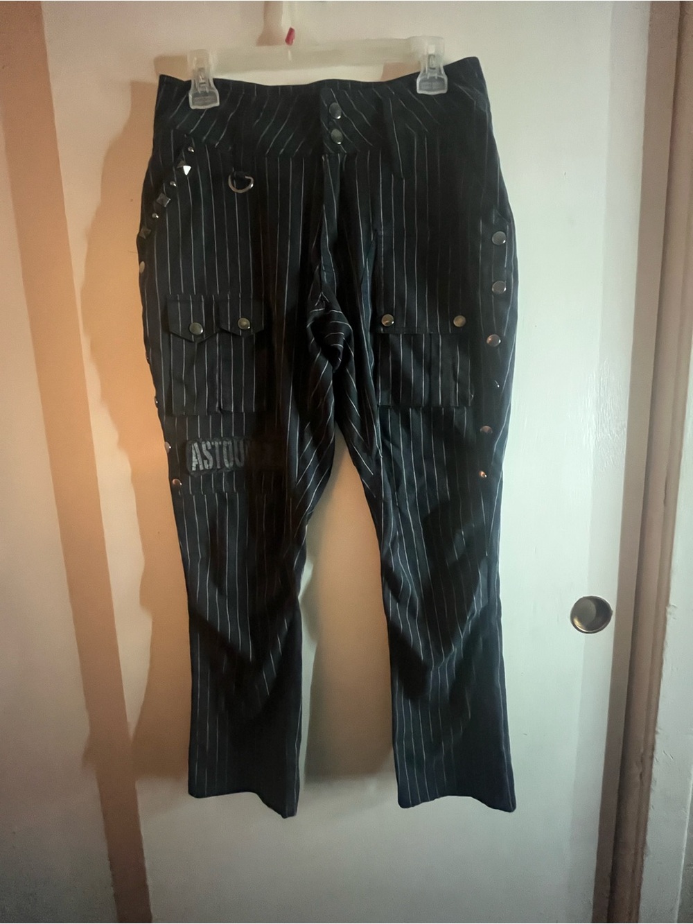 Sex Pot Revenge Black Pinstripe Cargo Pants with Utility Hardware